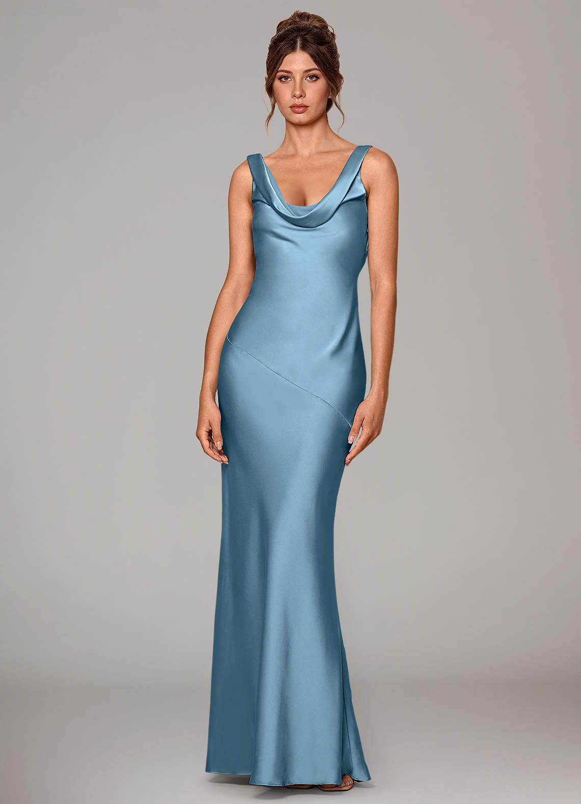 Rylina Mermaid Cowl-Neck Stretch Satin Bridesmaid Dress in Steel Blue