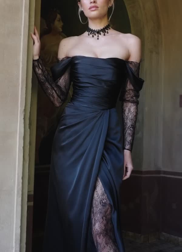 Gizela A-Line Strapless Stretch Satin and Lace Evening Dress in Forest Green
