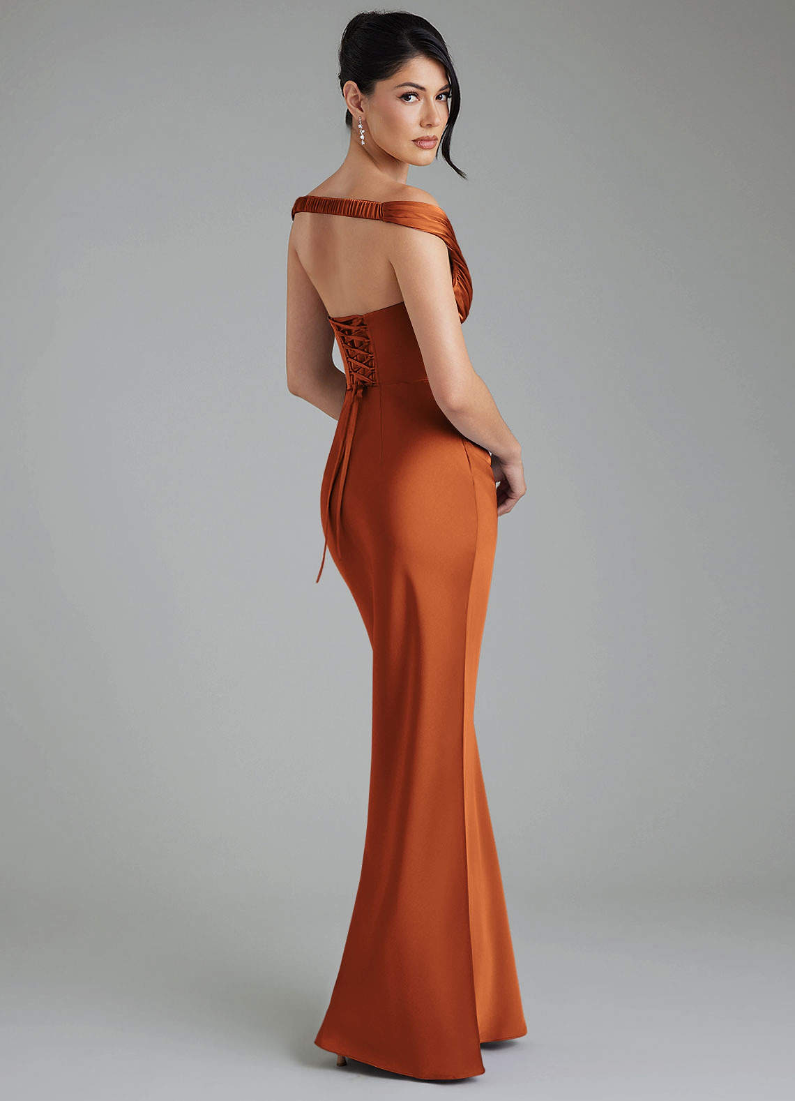 Stella Sheath V-Neck Stretch Satin Bridesmaid Dress in Cinnamon