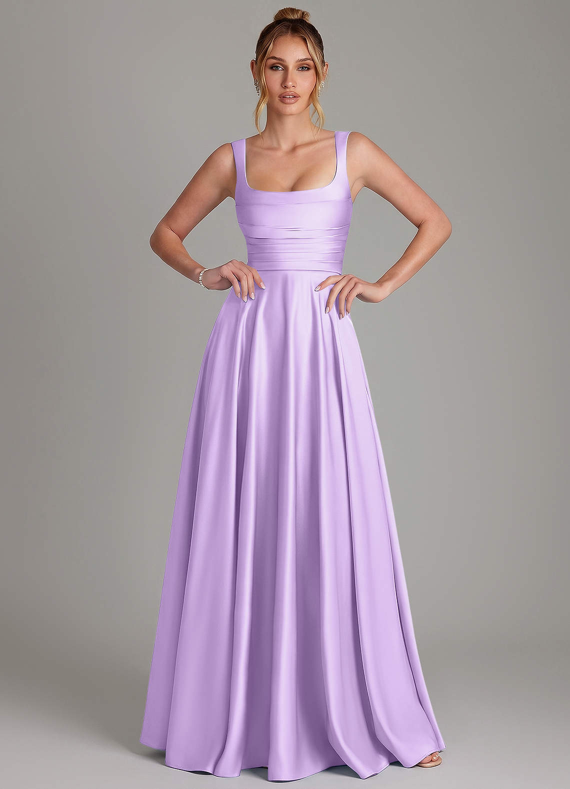 Azaria A-Line Square-Neck Stretch Satin Bridesmaid Dress in Lilac