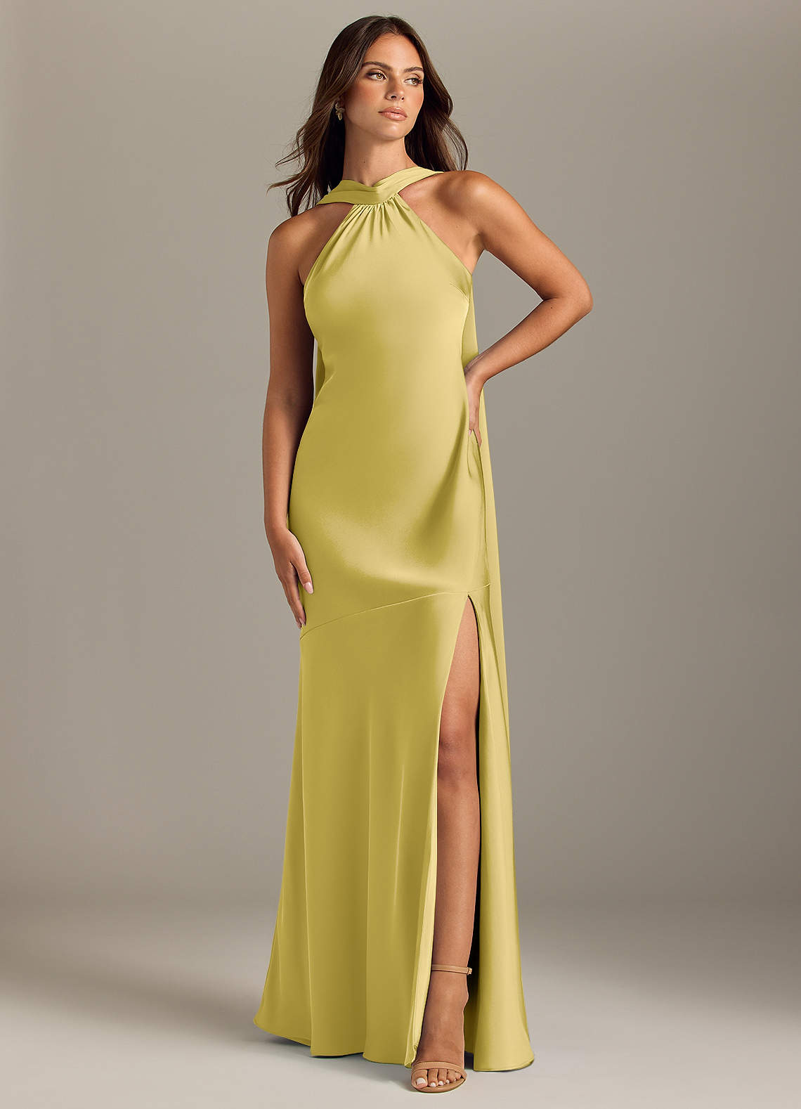 Kinsley Mermaid Halter Stretch Satin Bridesmaid Dress in Canary