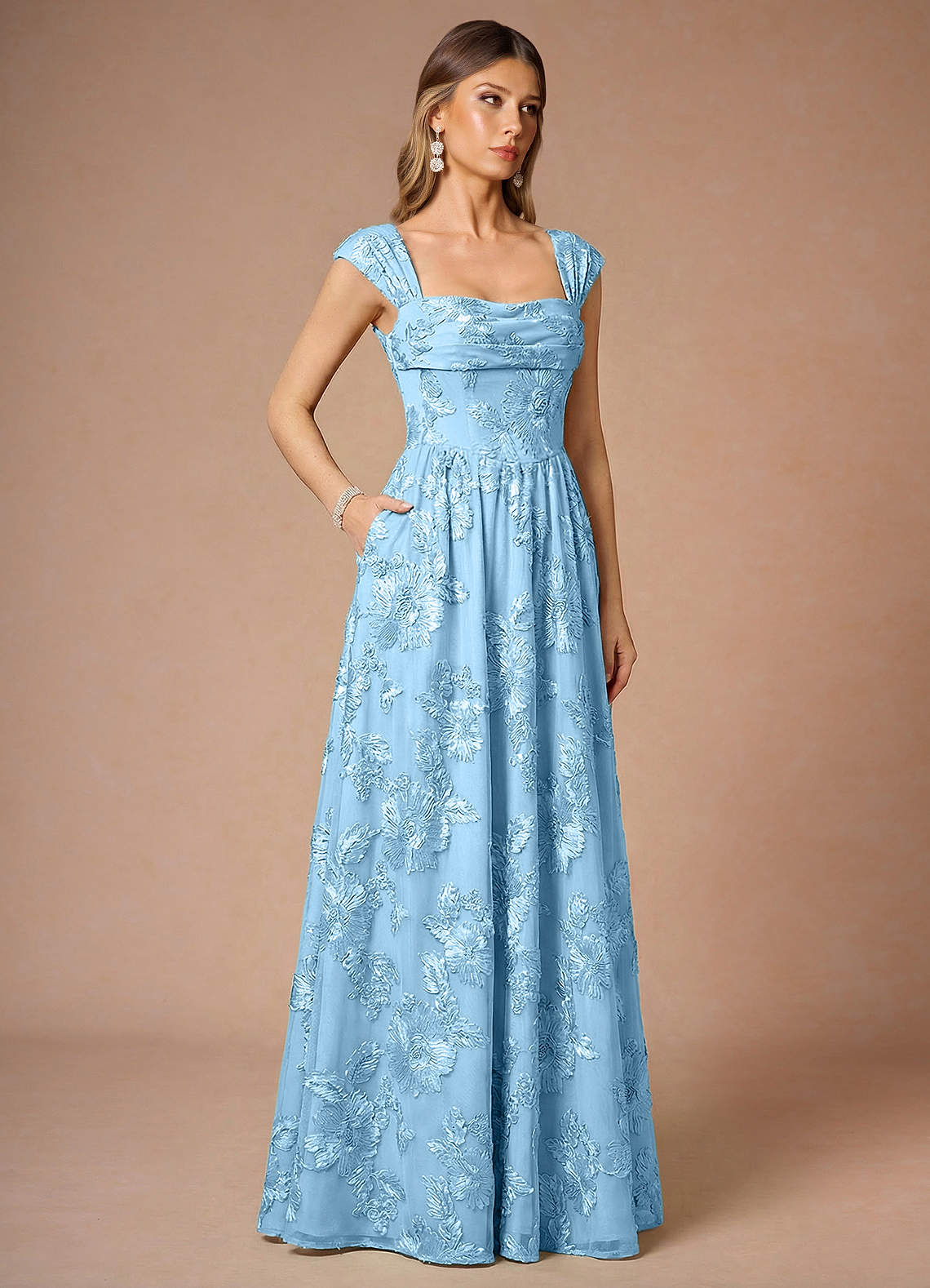 Hazel A-Line Cowl-Neck Floral Mesh Wedding Guest Dress in Sky Blue