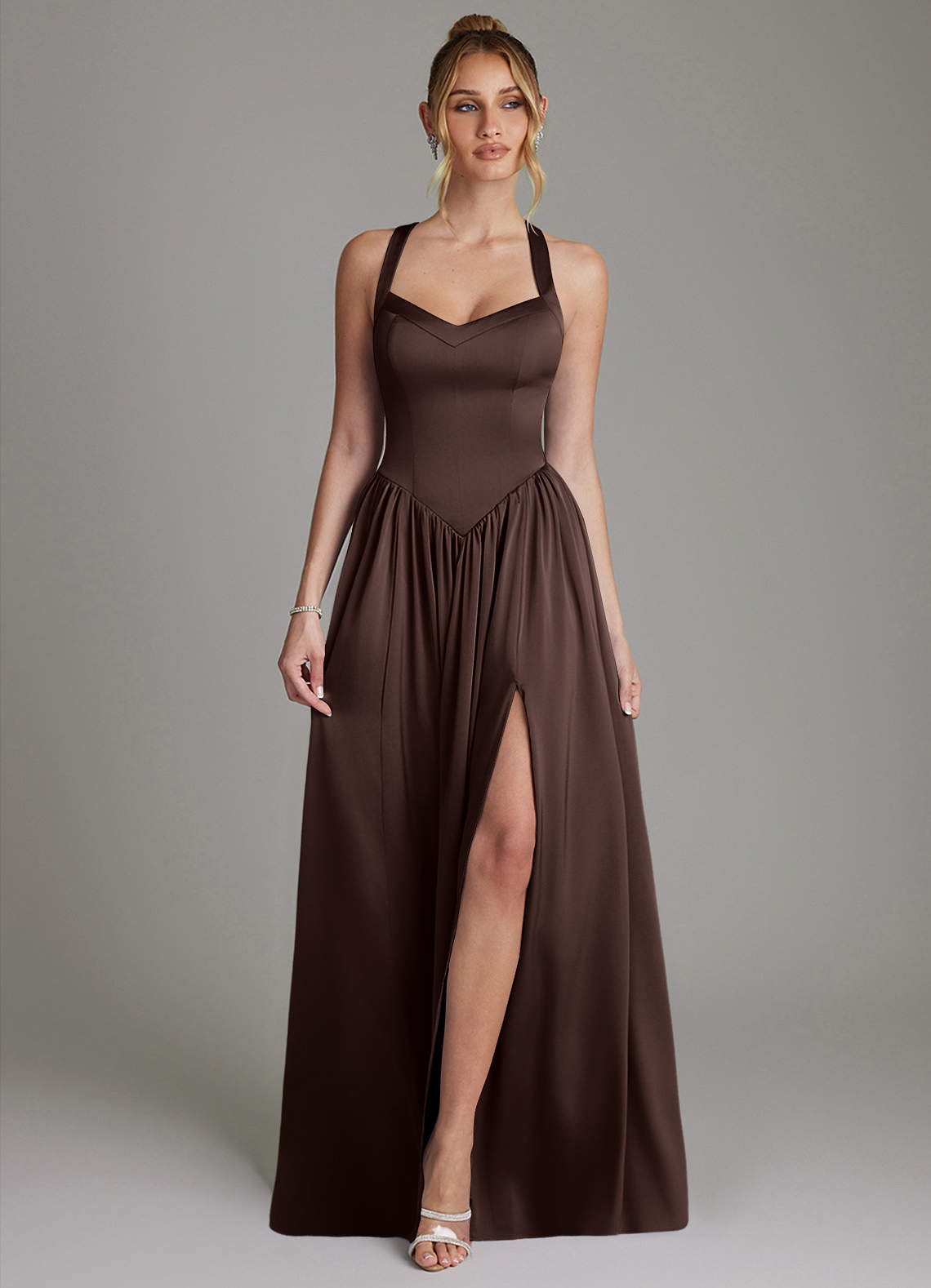 Francis A-Line V-Neck Stretch Satin Bridesmaid Dress in Ganache