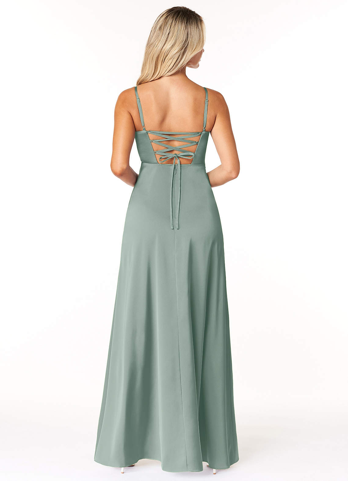 Marchella A-Line V-Neck Stretch Satin Bridesmaid Dress in Silver Sage