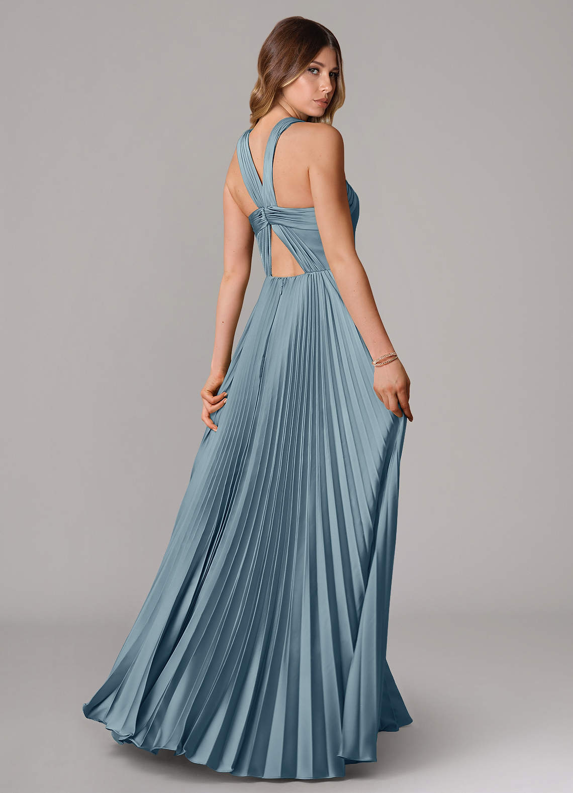 Afra A-Line Halter-Neck Stretch Satin Bridesmaid Dress in dusty blue