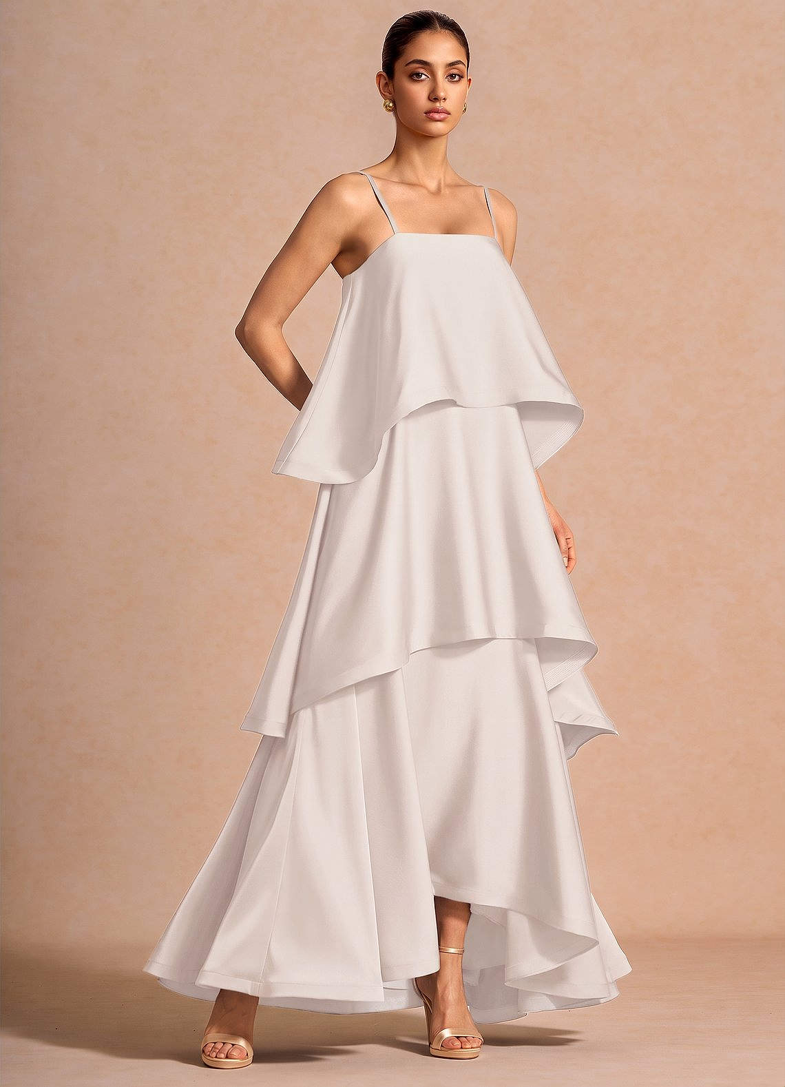 Itasca A-Line Tiered Stretch Satin Wedding Guest Dress in Lemon Green