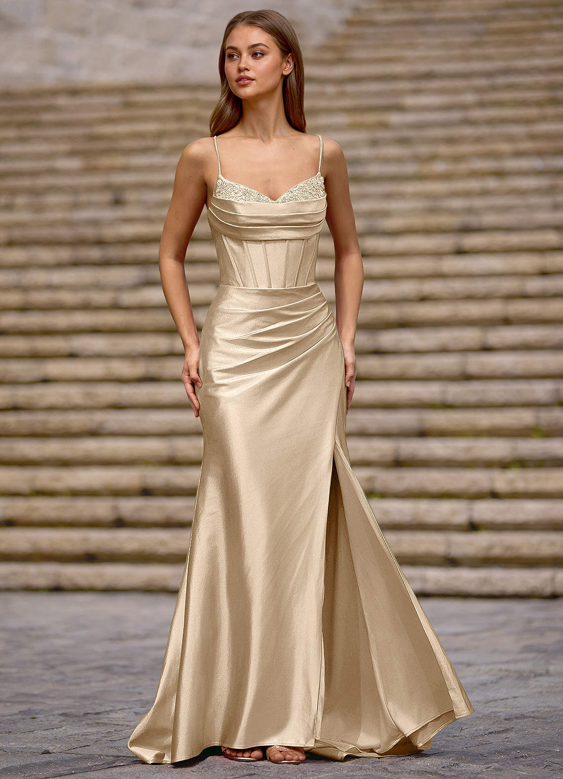 Glow Strapless Corset Slit Stretch Satin Evening Dress in black