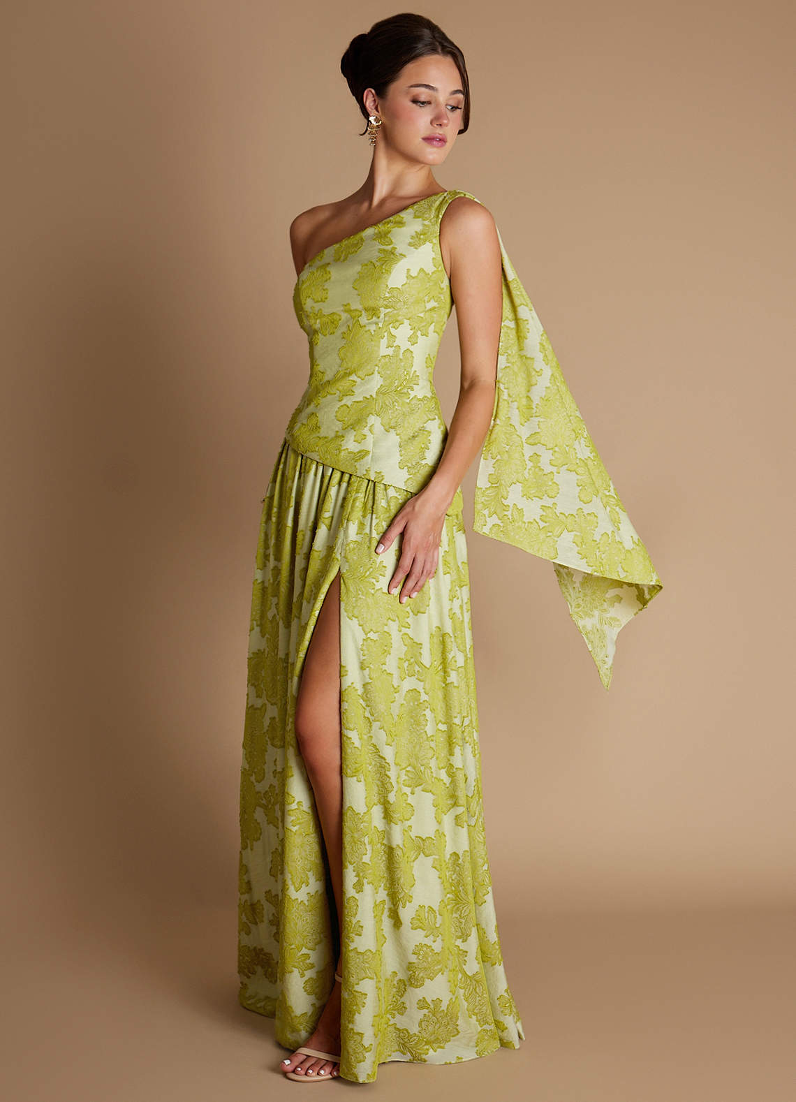 Nayra A-Line One-Shoulder Burnout Wedding Guest Dress in Vintage Chartreuse