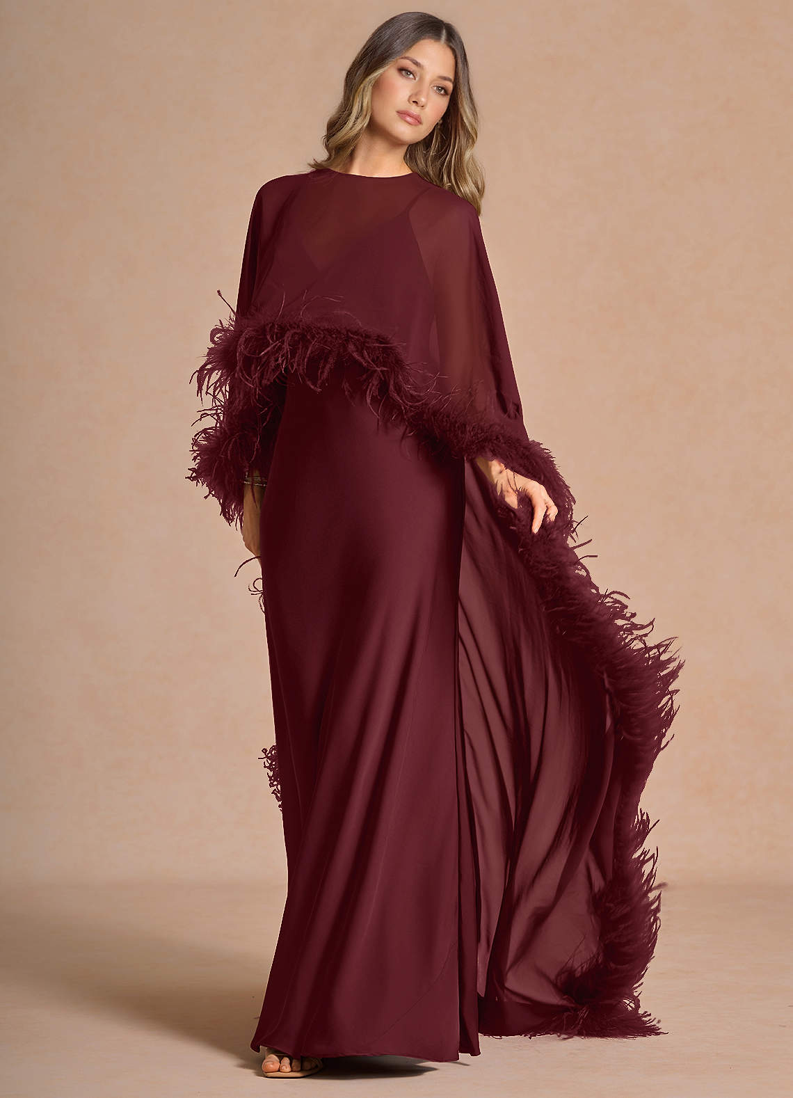 Samara Sheath Feather-Trim Satin Chiffon Wedding Guest Dress in Wine