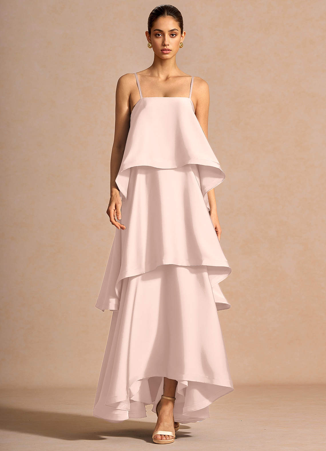 Itasca A-Line Tiered Stretch Satin Wedding Guest Dress in Powder Pink