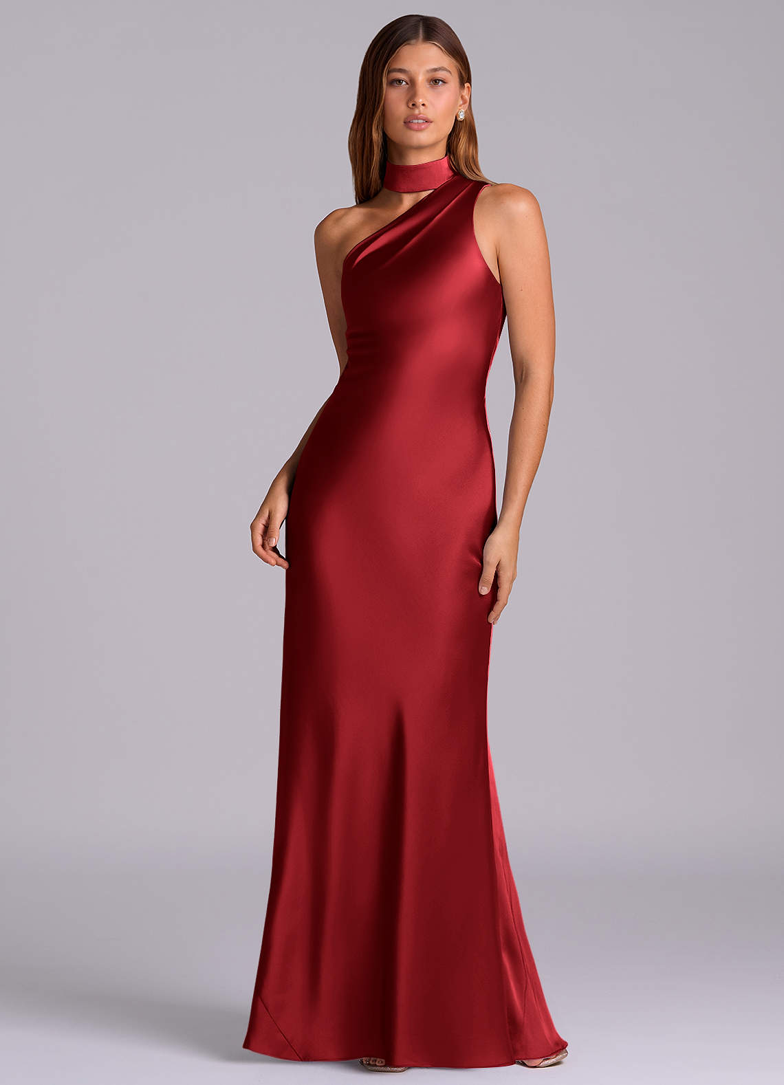 Seona Mermaid One-Shoulder Stretch Satin and Tulle Bridesmaid Dress in Scarlet