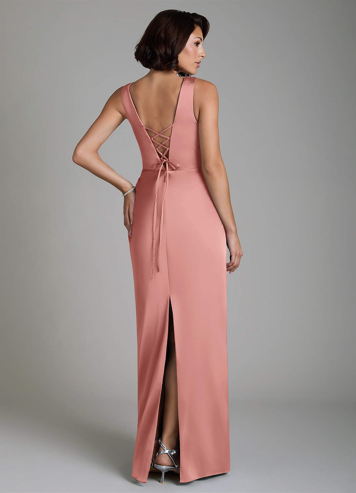 Vanya Sheath V-Neck Stretch Satin Bridesmaid Dress in Rosette