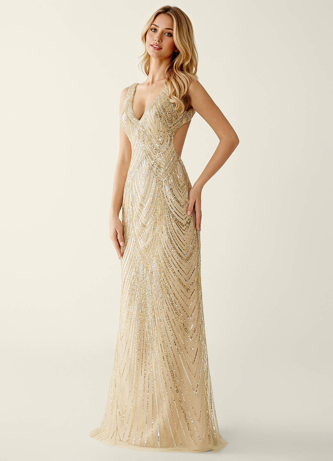Hazelen Plunging V-Neck Chevron Sequin Tulle Evening Dress in Champagne