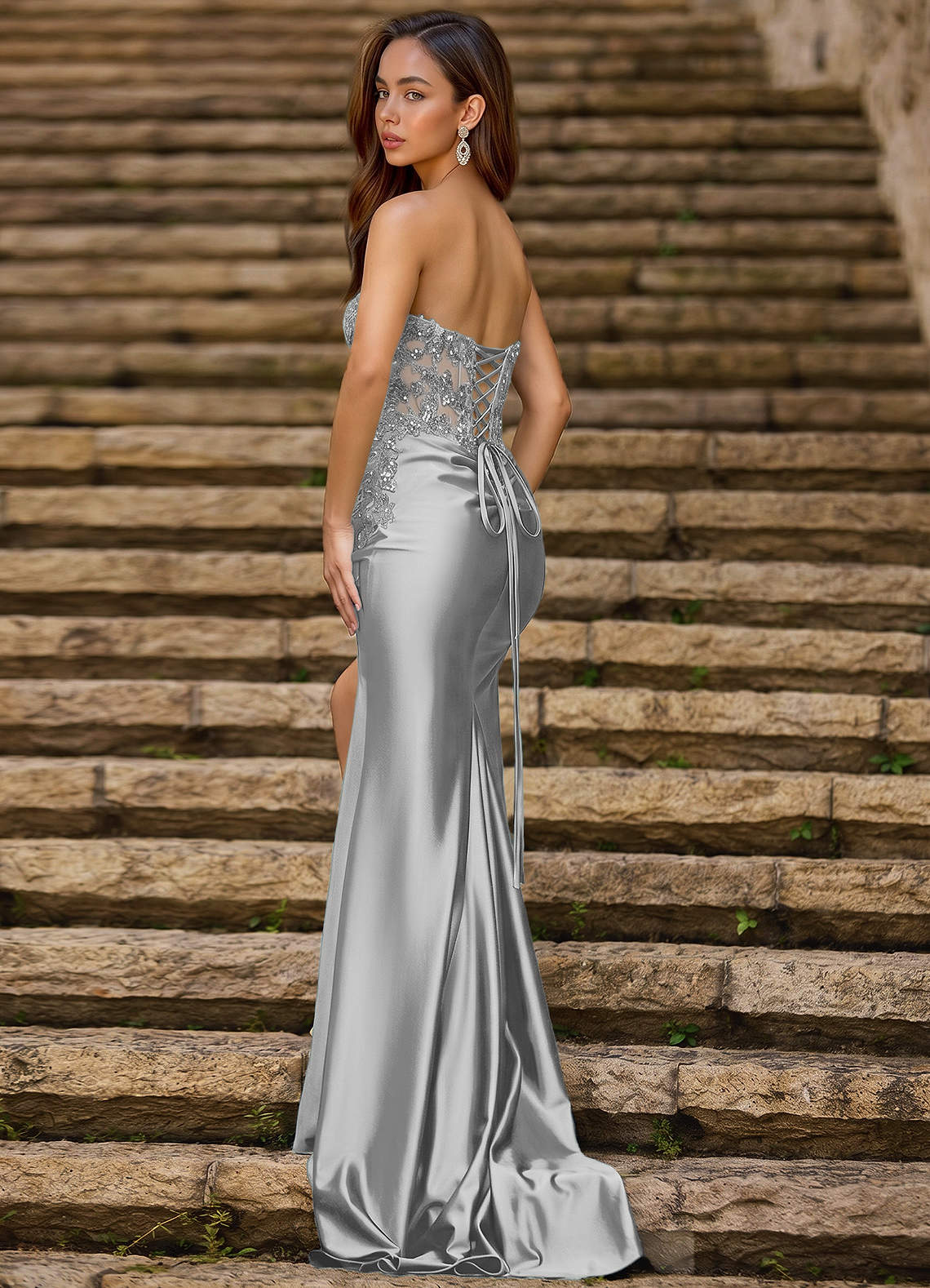 Emblace Mermaid Off-the-Shoulder Stretch Satin Evening Dress in Silver
