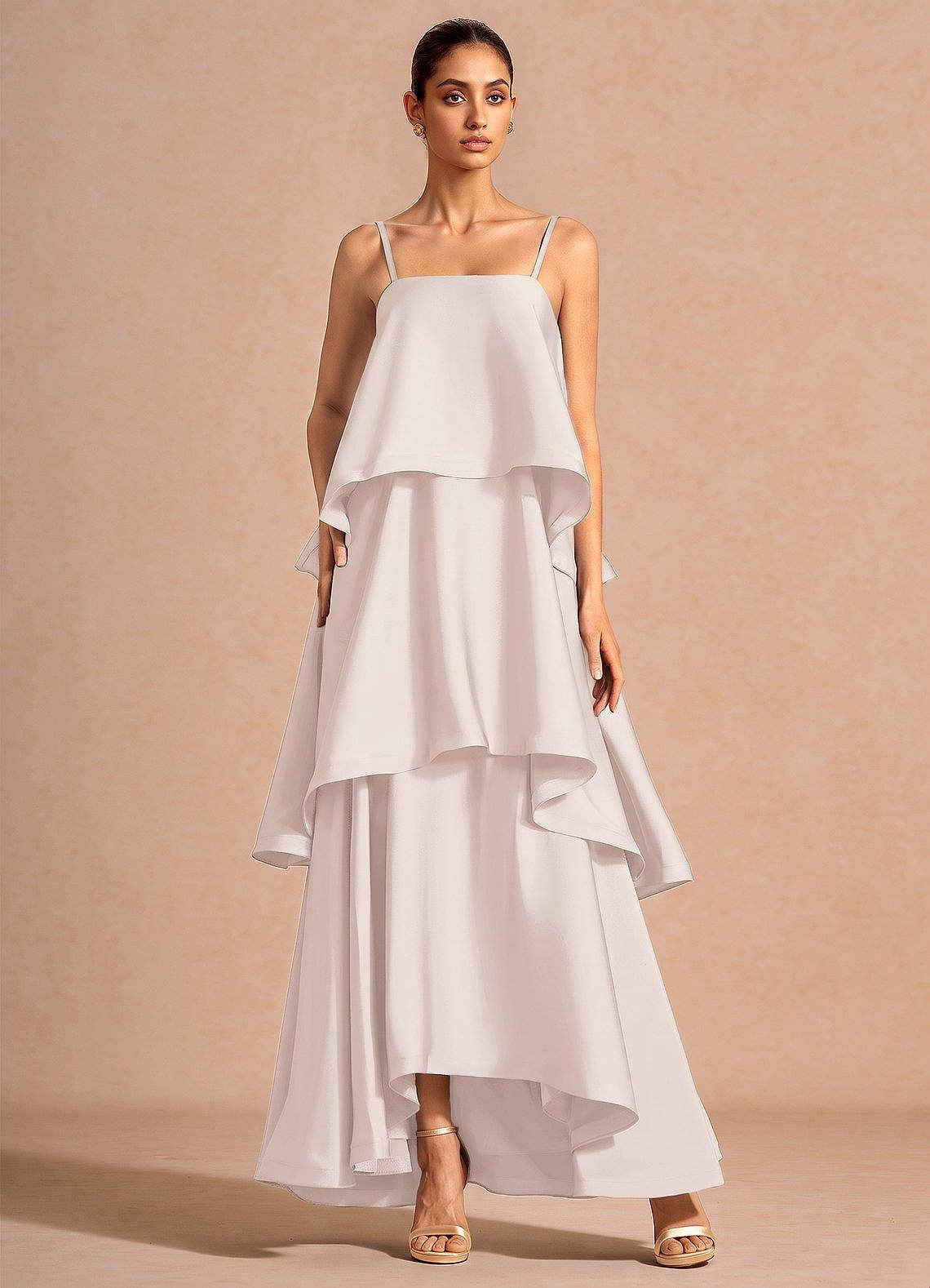 Itasca A-Line Tiered Stretch Satin Wedding Guest Dress in Cream