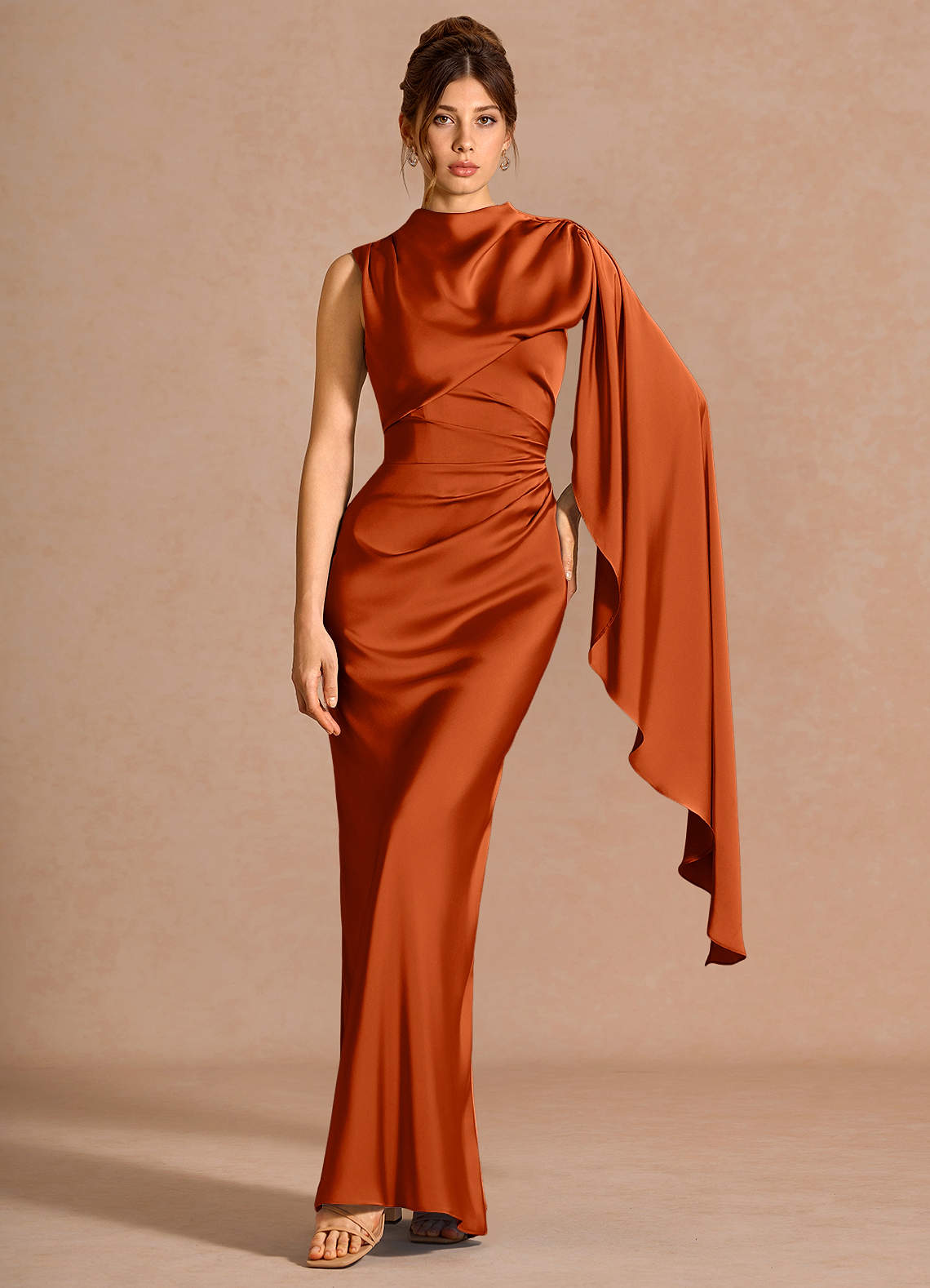 Chesney Cape-Sleeve Pleated Stretch Satin Wedding Guest Dress in Rust