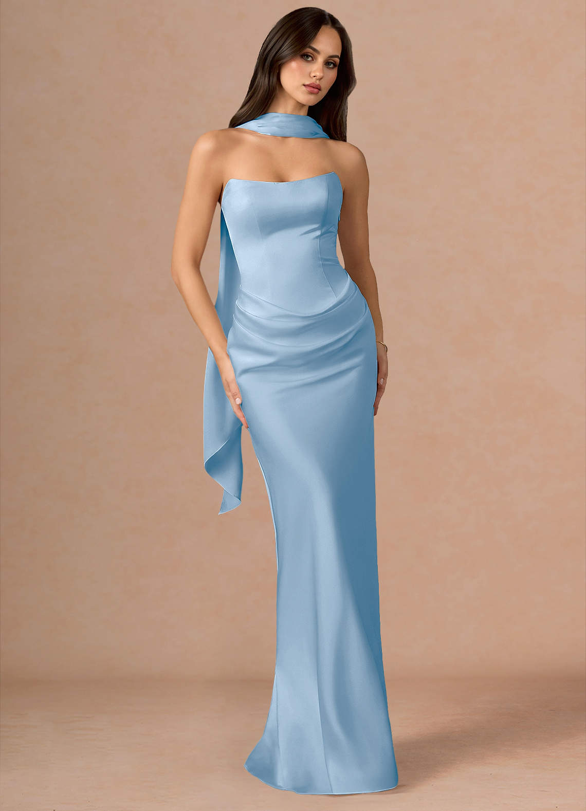 Valencia Scarf Lace-Up Stretch Satin Evening Dress in Dusty Blue