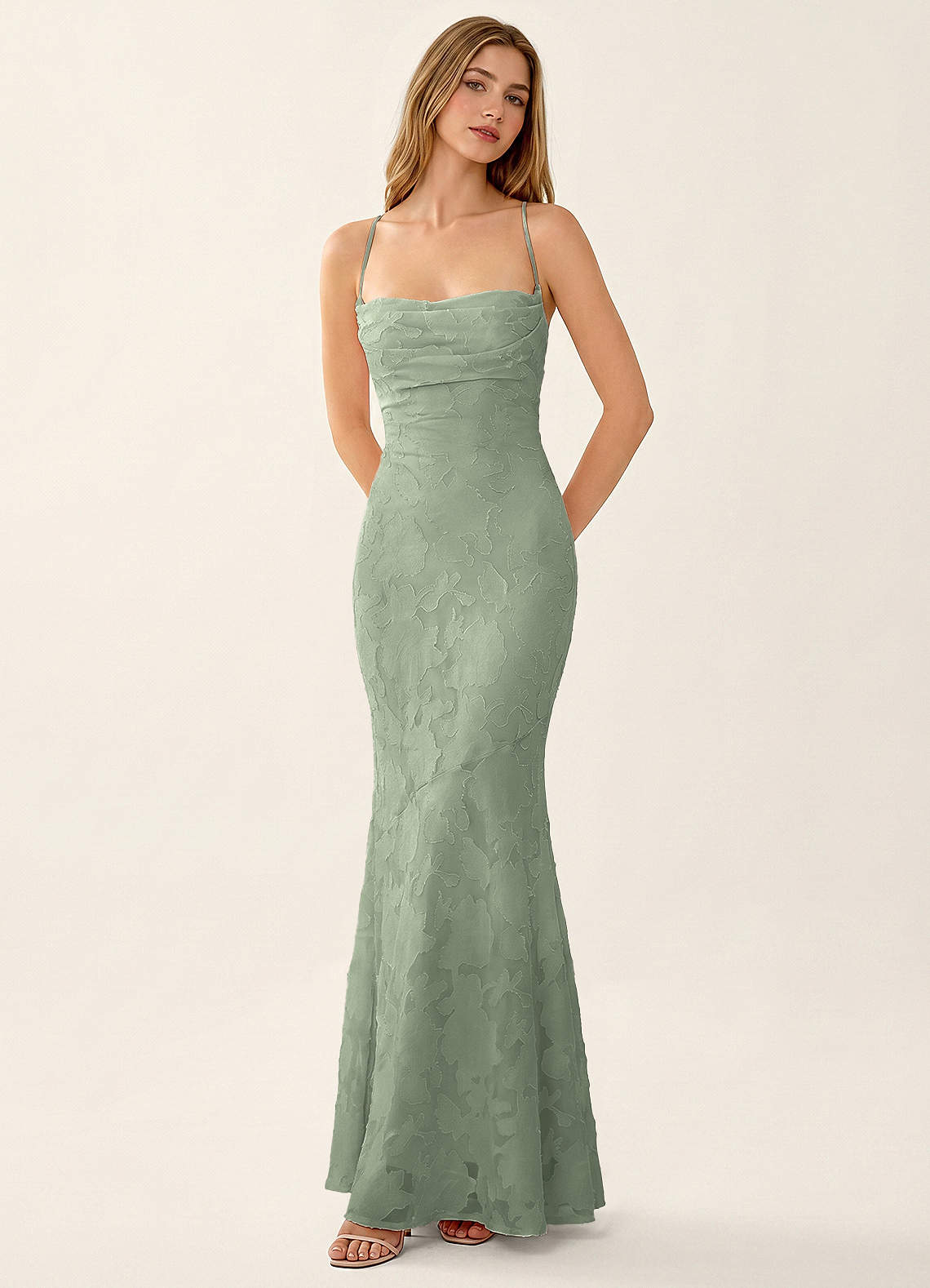 Natasha Mermaid Spaghetti-Strap Floral Burnout Evening Dress in Agave Green