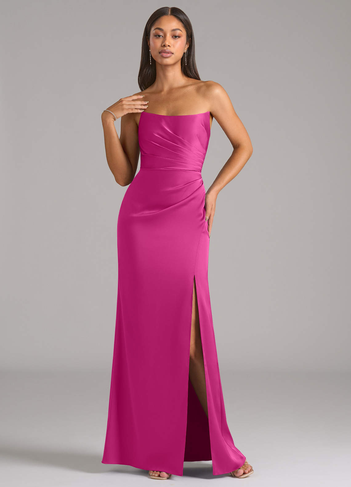 Marla Sheath Strapless Stretch Satin Bridesmaid Dress in Fuchsia