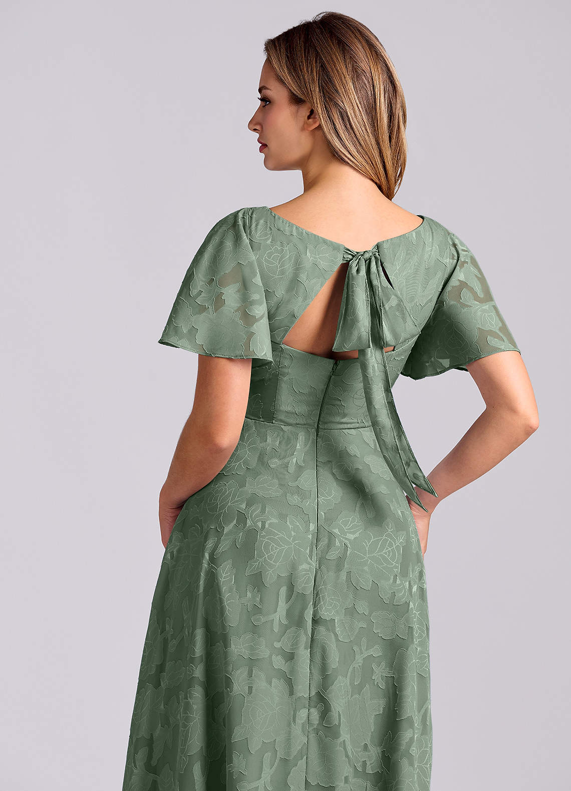 Kimber A-Line V-Neck Floral Burnout Bridesmaid Dress in Matcha
