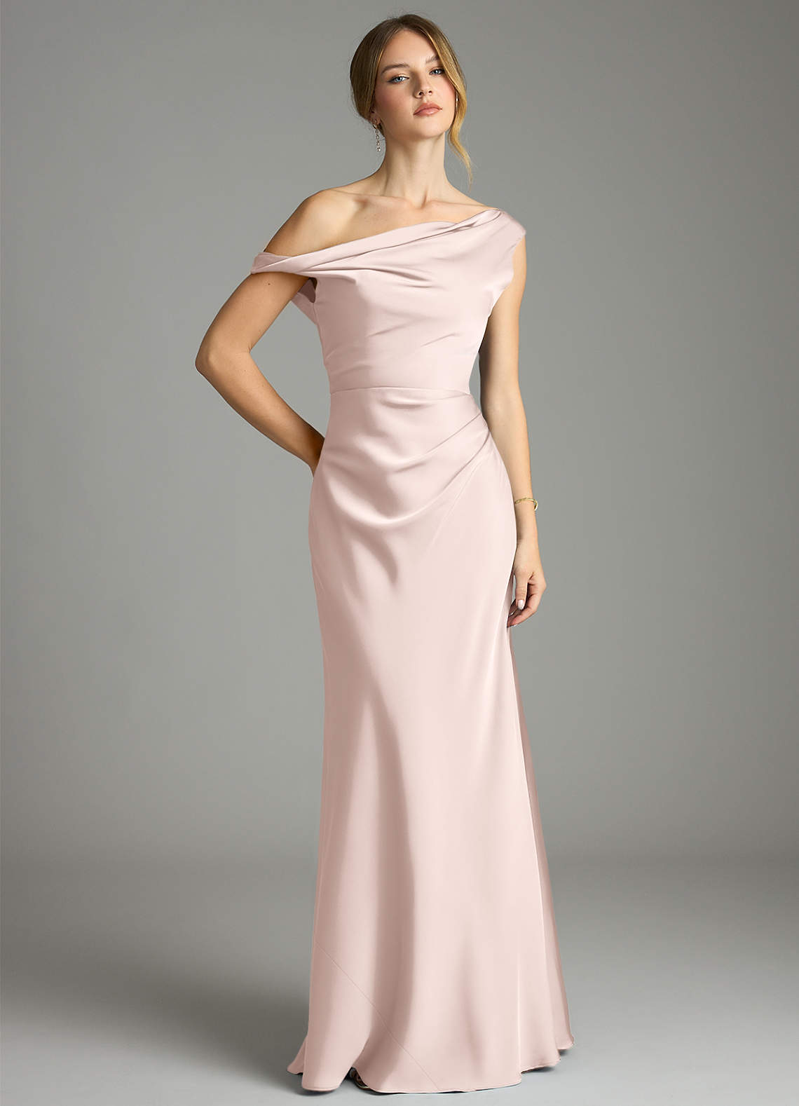 Emerson Mermaid One-Shoulder Stretch Satin Bridesmaid Dress in Blushing Pink