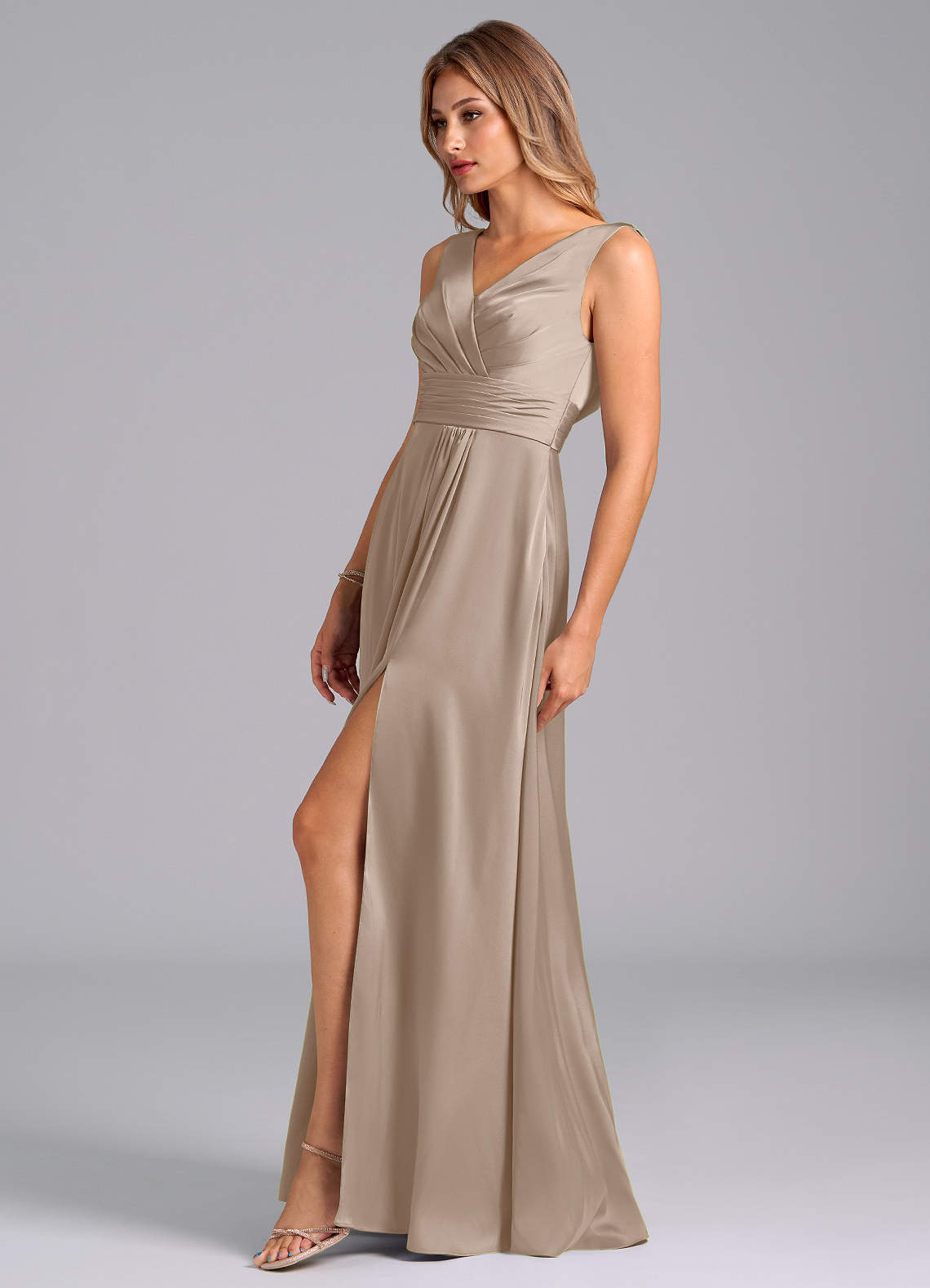 Karina A-Line V-Neck Stretch Satin Bridesmaid Dress in Taupe