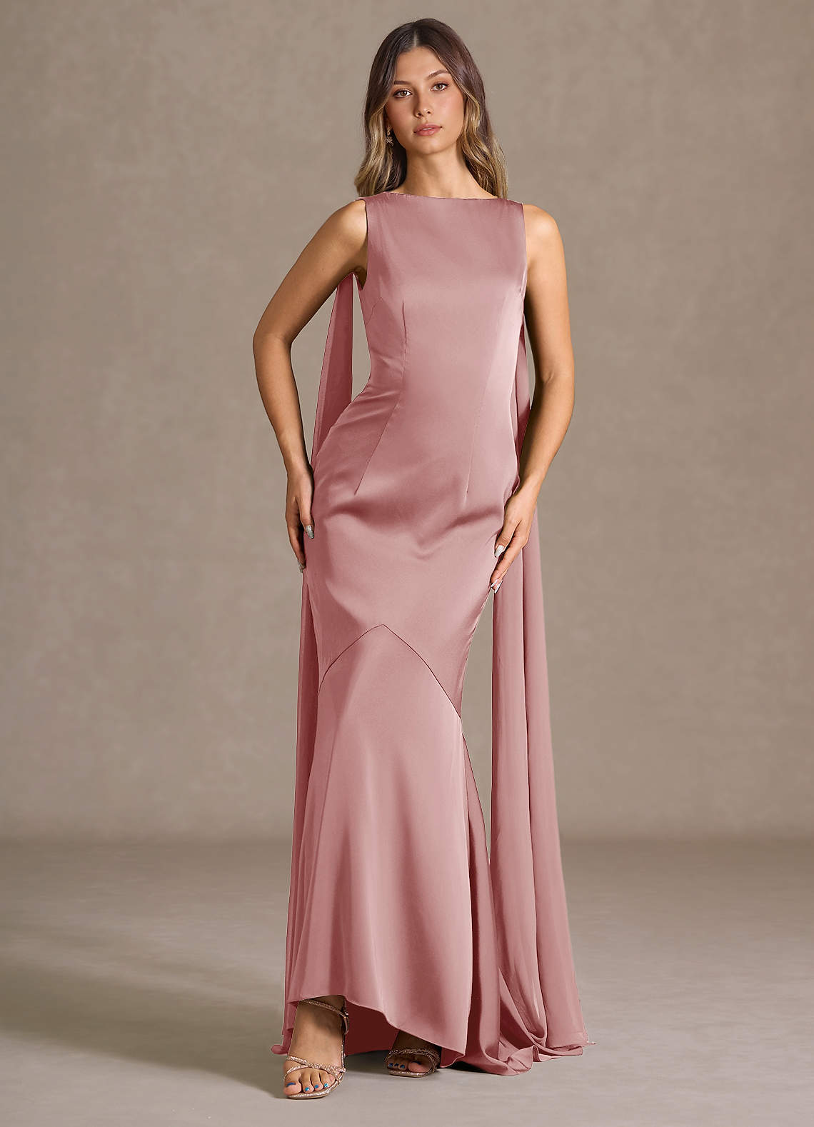 Wynne Mermaid Shoulder-Scarf Stretch Satin Evening Dress in Olive