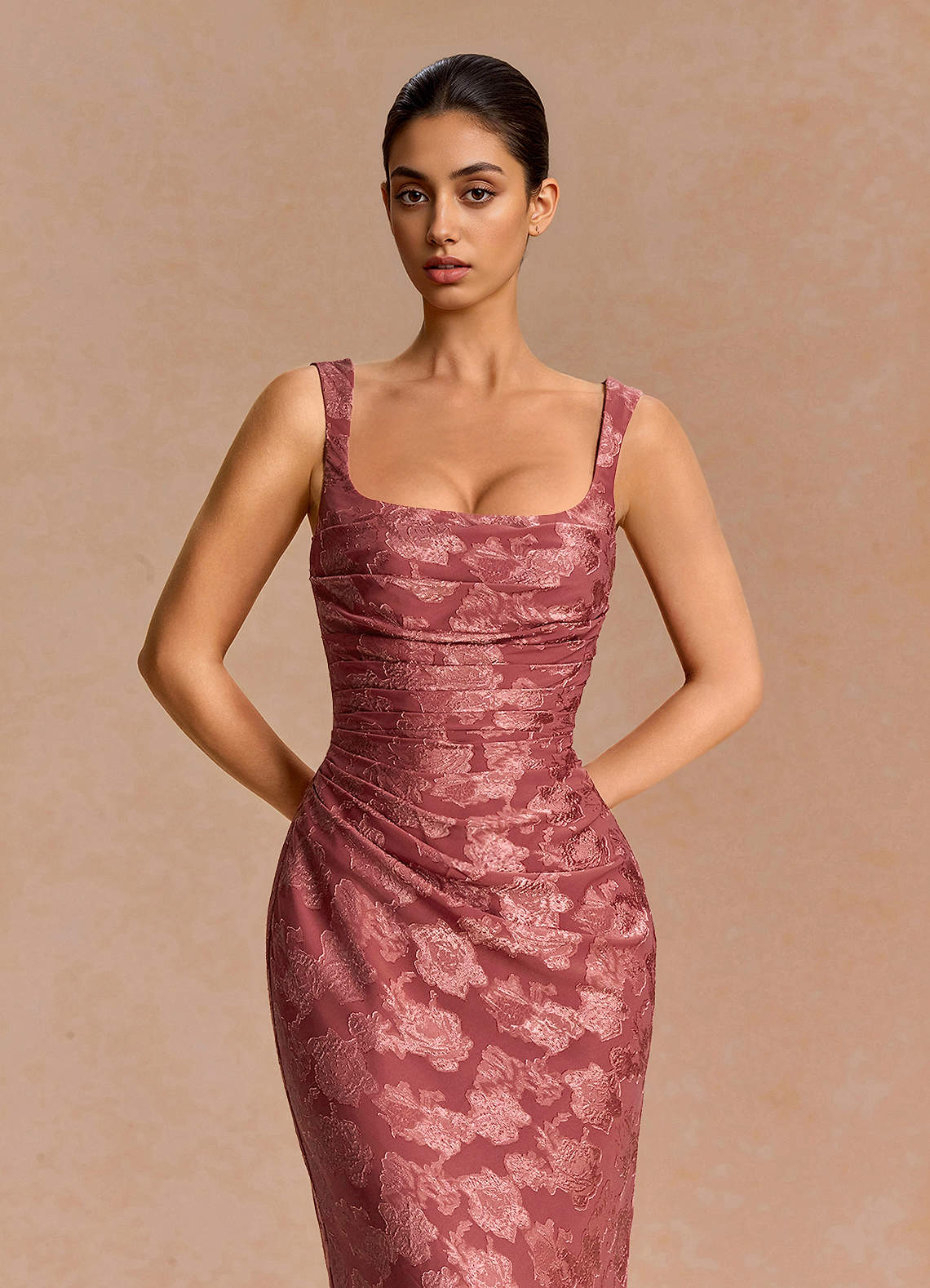 Agustina Square-Neck Pleated Fil Coupé Evening Dress in Vintage Rose
