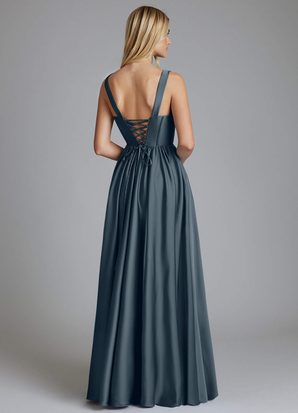 Delmie A-Line V-Neck Stretch Satin Bridesmaid Dress in Twilight