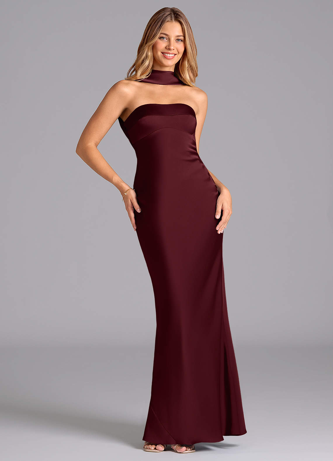 Lusinda Mermaid Strapless Stretch Satin Bridesmaid Dress in Cabernet