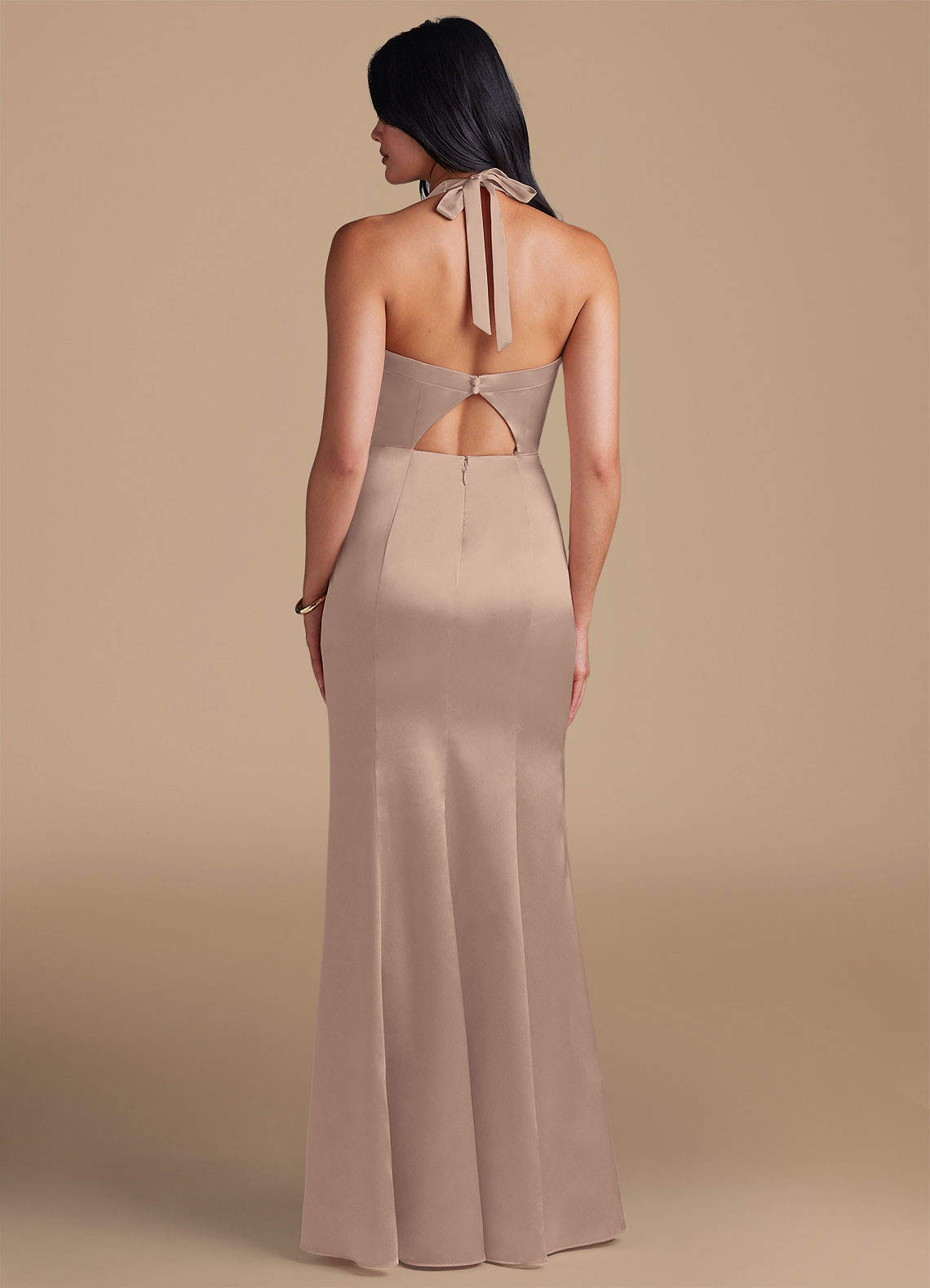 Emeria Sheath Halter Metallic Satin Bridesmaid Dress in Taupe