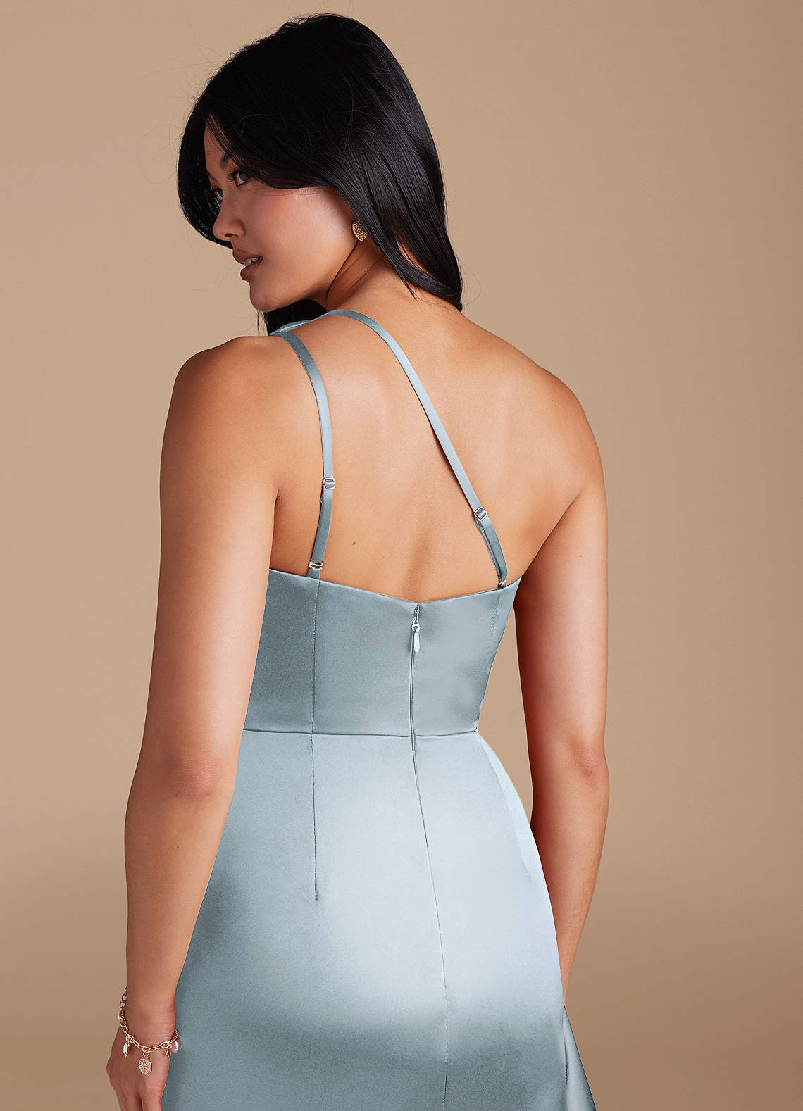 Latrice Sheath One-Shoulder Metallic Satin Bridesmaid Dress in dusty blue