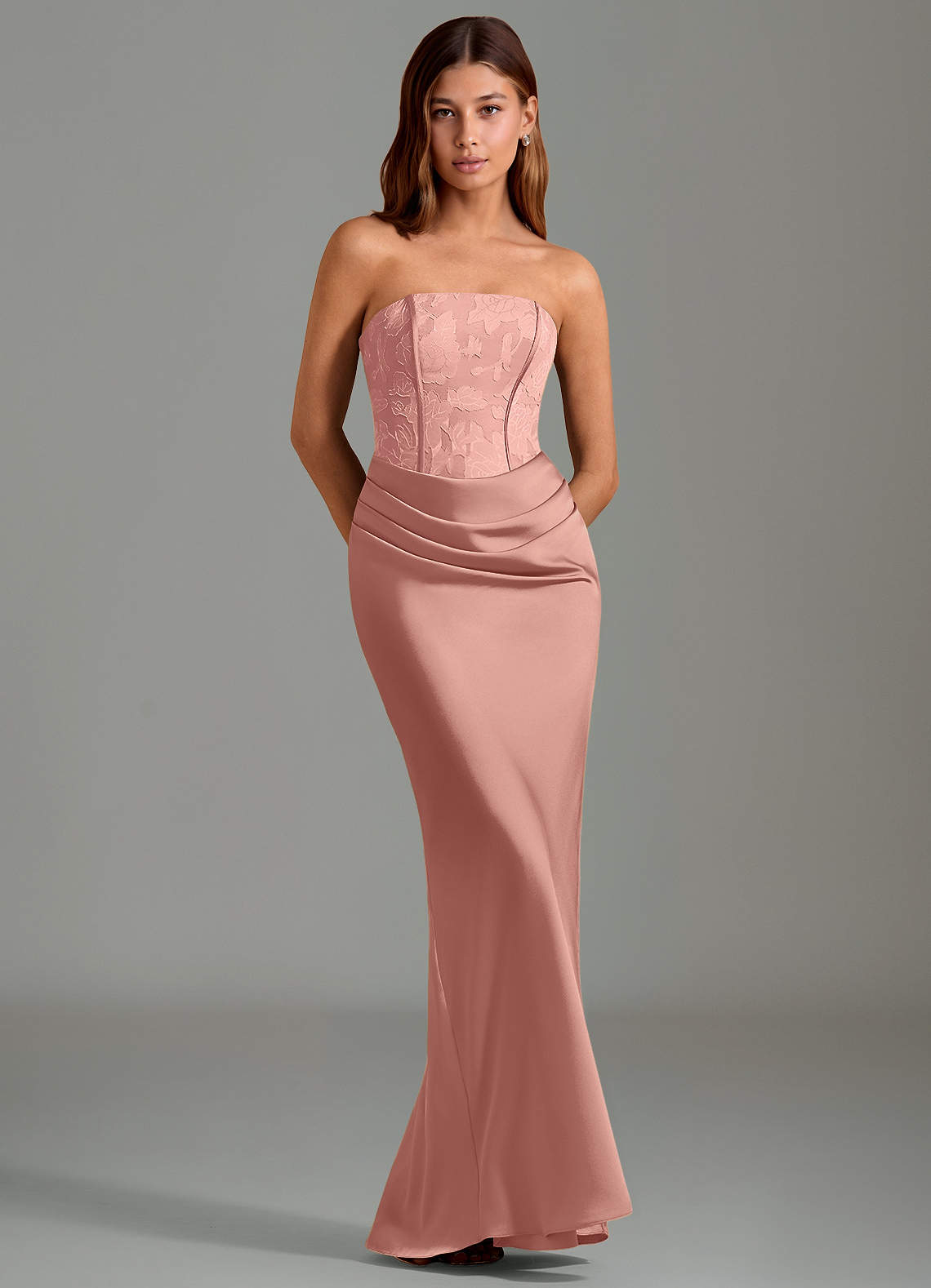 Emilia Mermaid Strapless Stretch Satin and Floral Burnout Bridesmaid Dress in Rosette