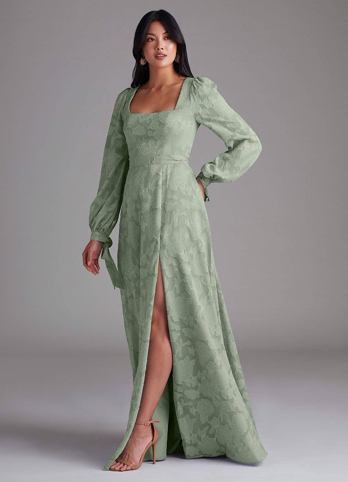 Leonia A-Line Square-Neck Stretch Satin Bridesmaid Dress in Agave