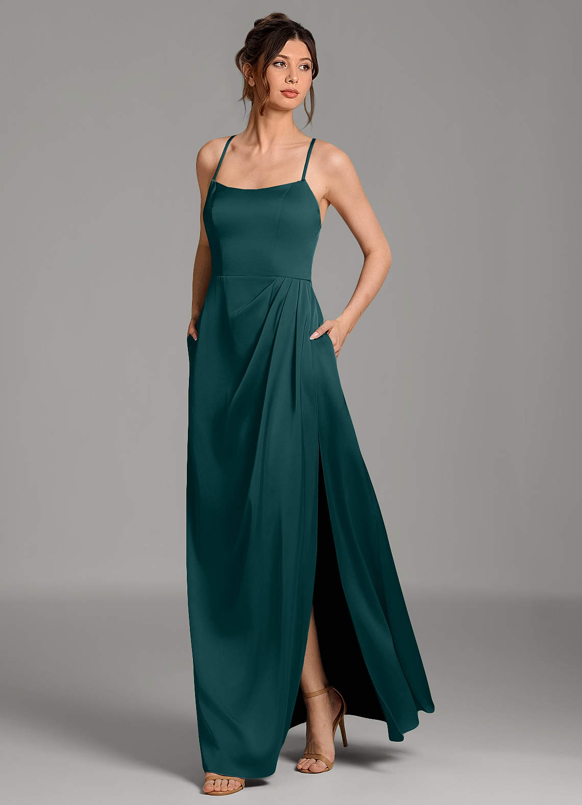 Frankie A-Line Scoop-Neck Stretch Satin Bridesmaid Dress in Pine