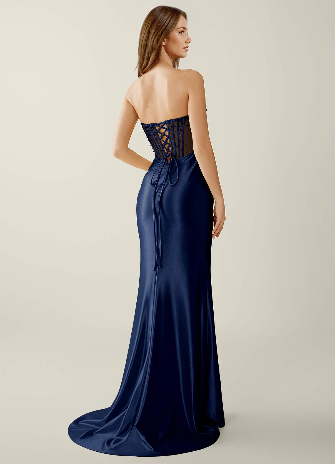 Willa Mermaid Strapless Sequined Satin Evening Dress in Dark Navy
