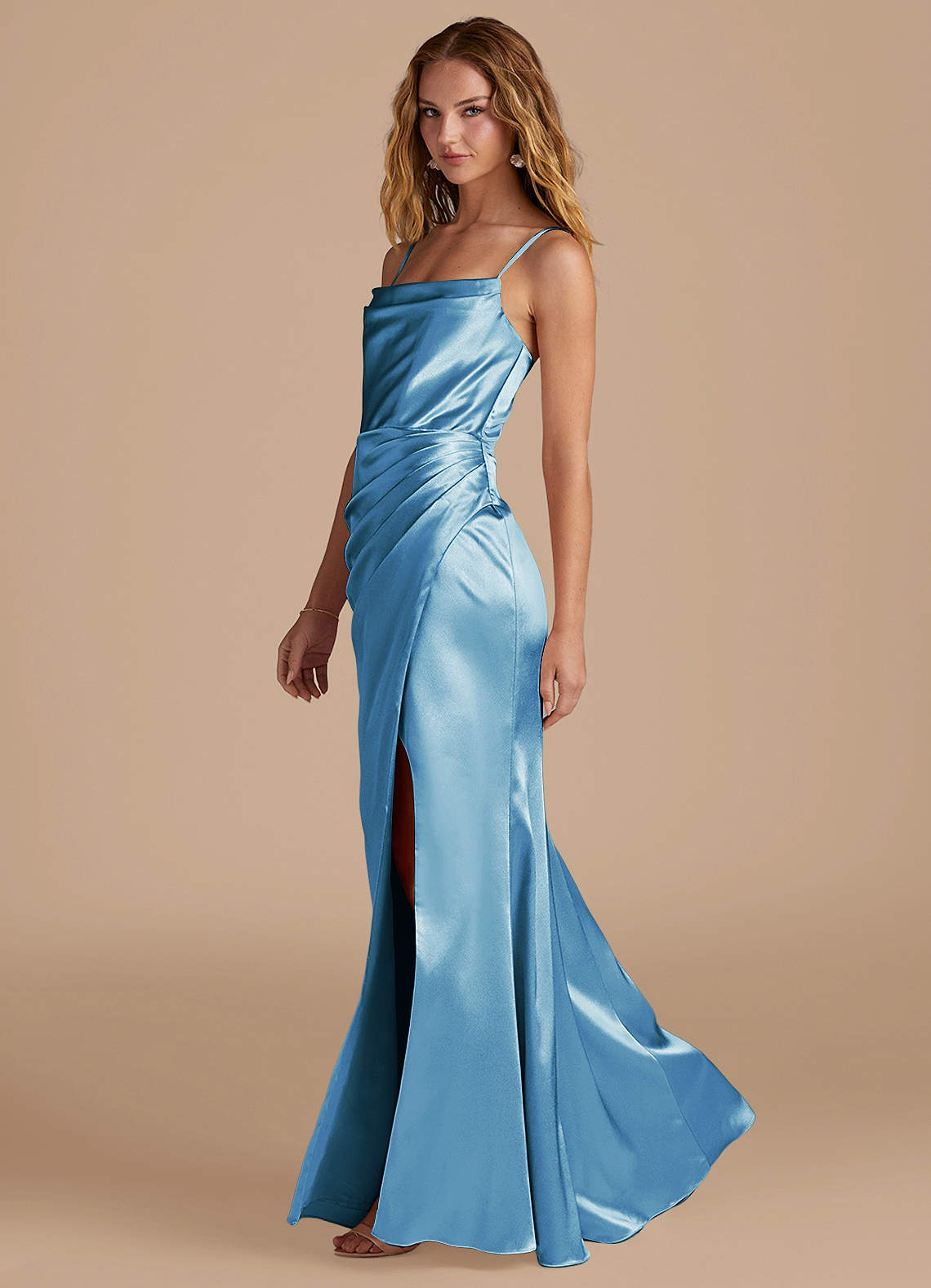 Marzia Mermaid Square-Neck Metallic Satin Bridesmaid Dress in Steel Blue
