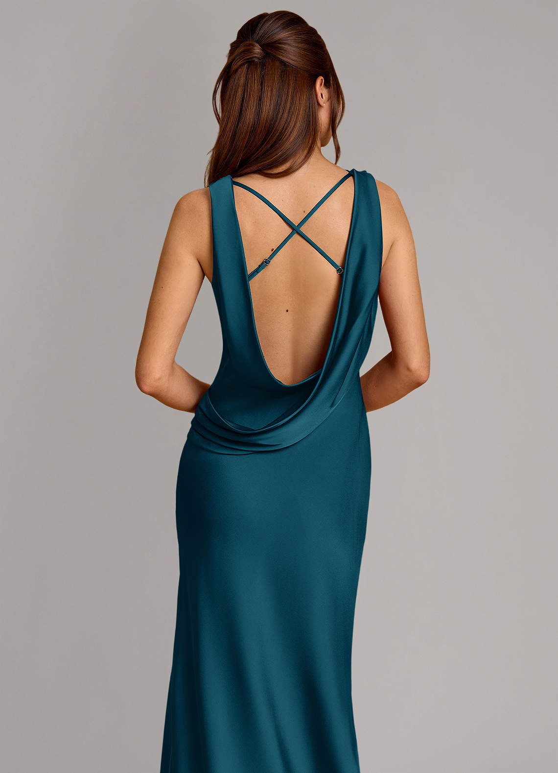 Cheryl Mermaid Cowl-Neck Stretch Satin Bridesmaid Dress in Ink Blue