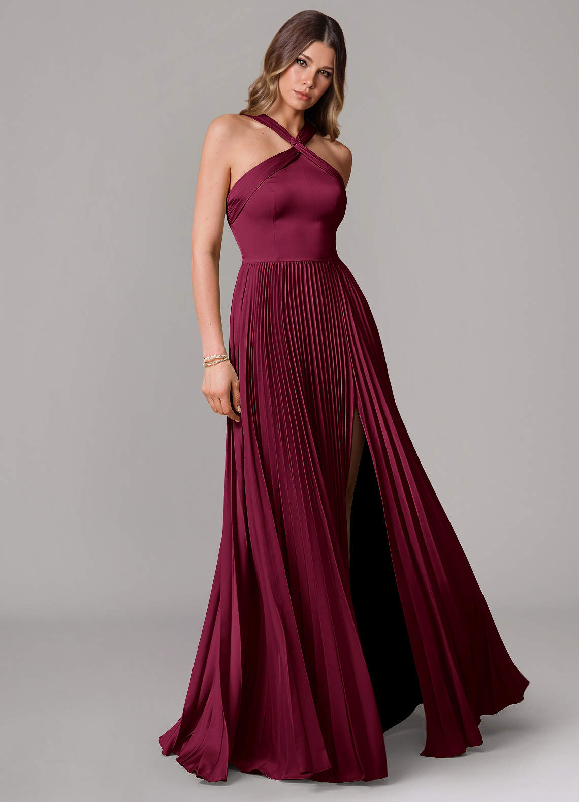 Afra A-Line Halter-Neck Stretch Satin Bridesmaid Dress in Burgundy