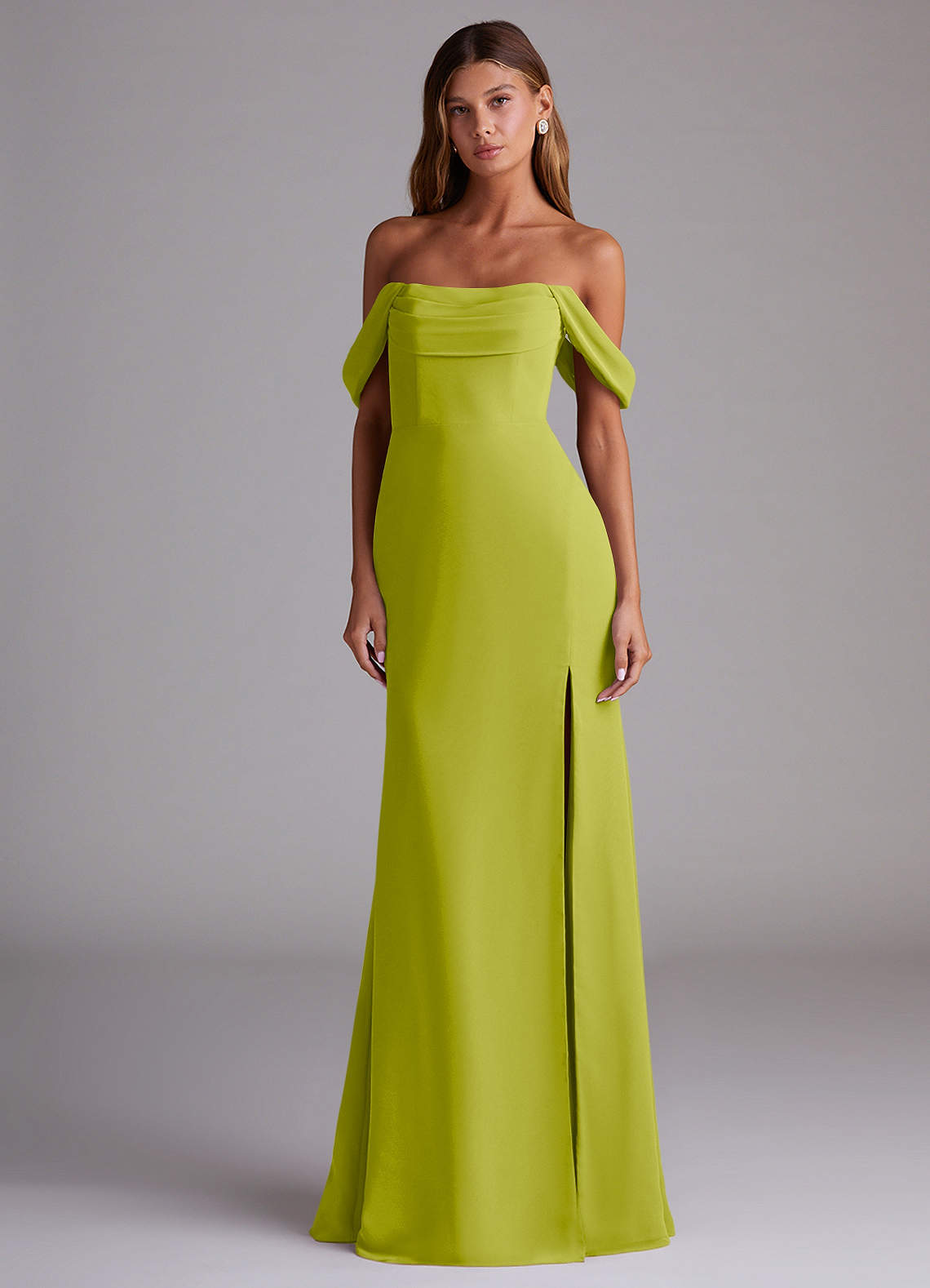 Saige A-Line Off-the-Shoulder Chiffon Bridesmaid Dress in Lemongrass
