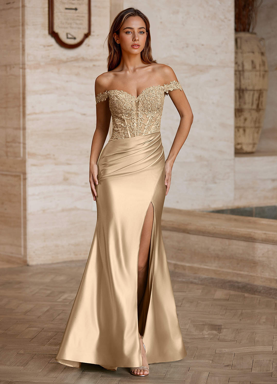 Wrentino Mermaid Off-the-Shoulder Stretch Satin Evening Dress in champagne