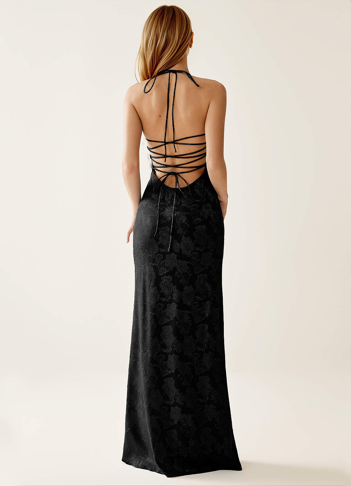 Angena Sheath Halter Floral Burnout Evening Dress in Black