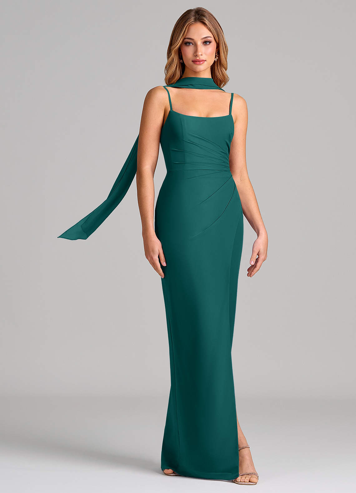 Calandra Sheath Scoop-Neck Chiffon Bridesmaid Dress in Peacock