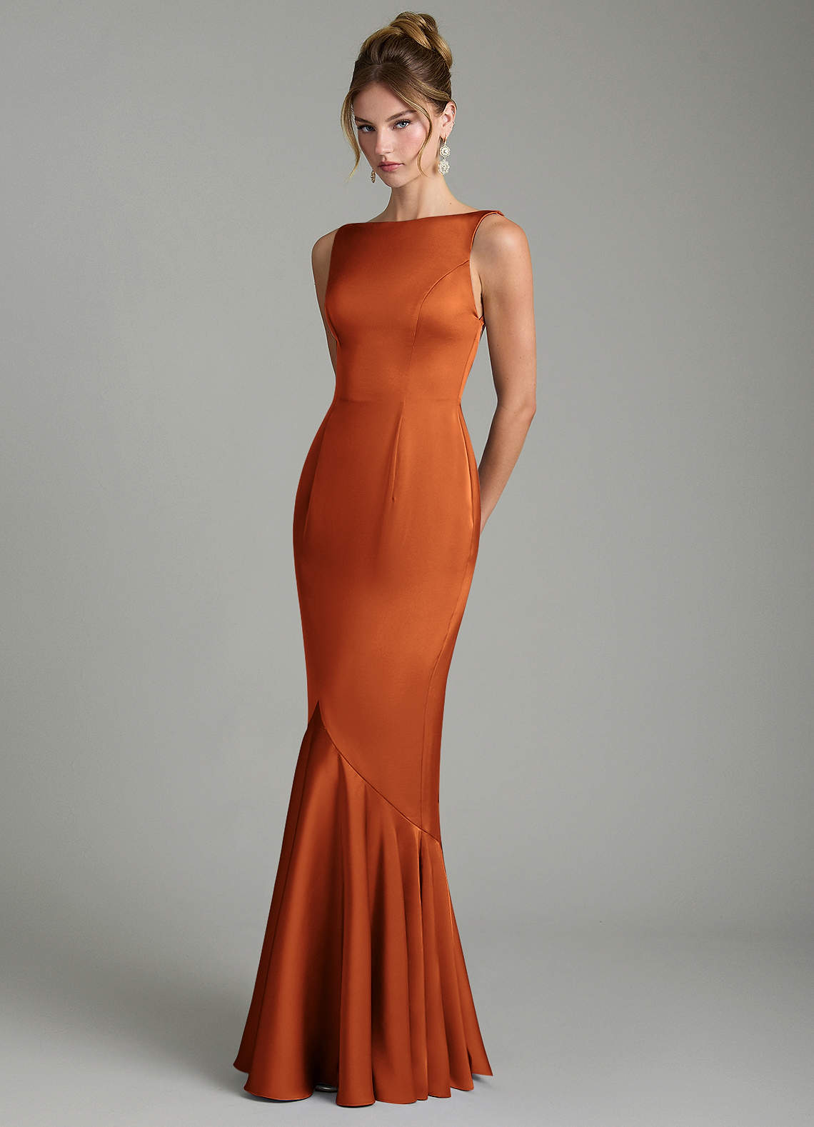 Tamera Mermaid Boat-Neck Stretch Satin and Chiffon Bridesmaid Dress in Cinnamon