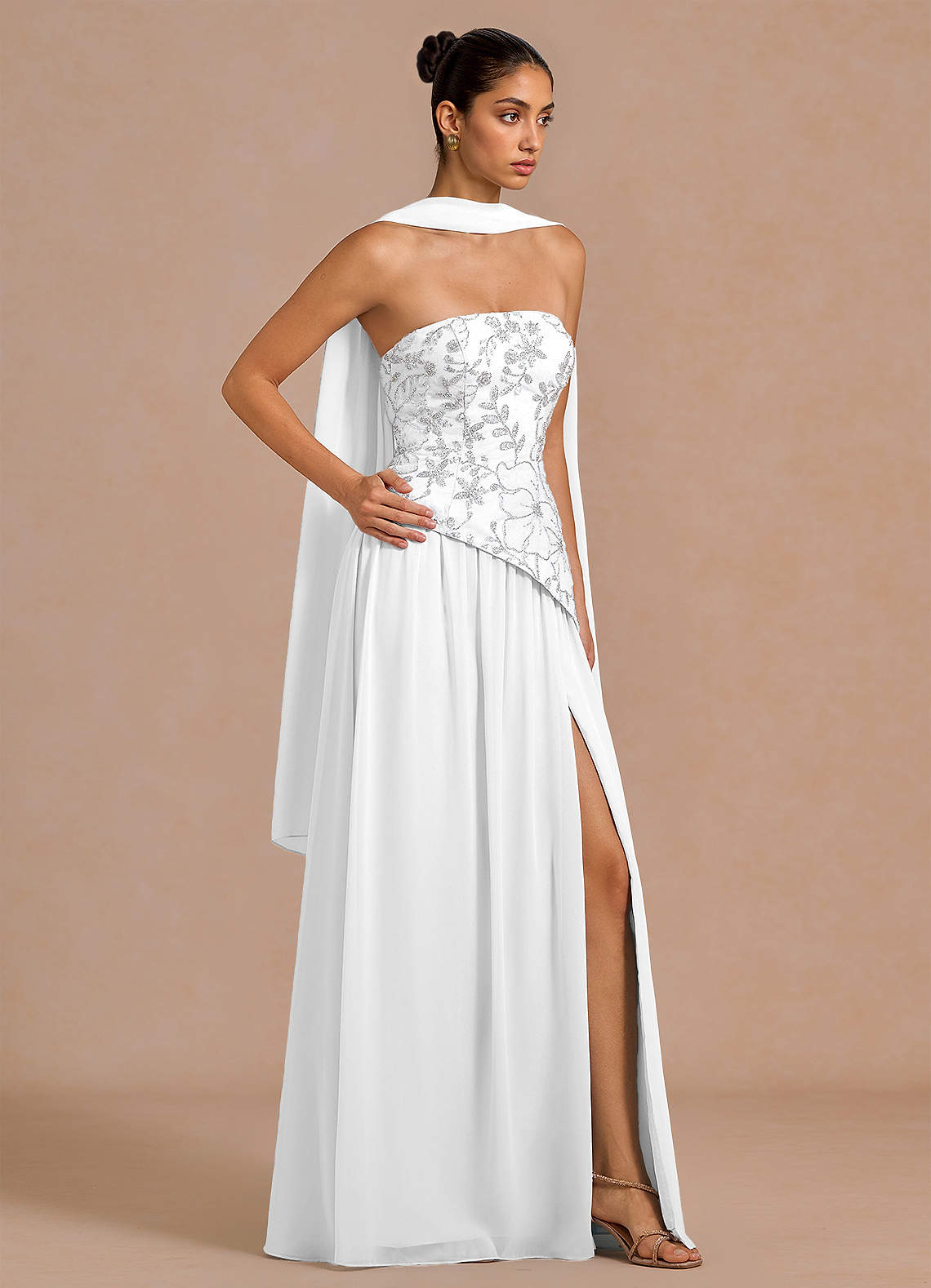 Galatea Sky Blue A-Line Floral Chiffon Evening Dress in White