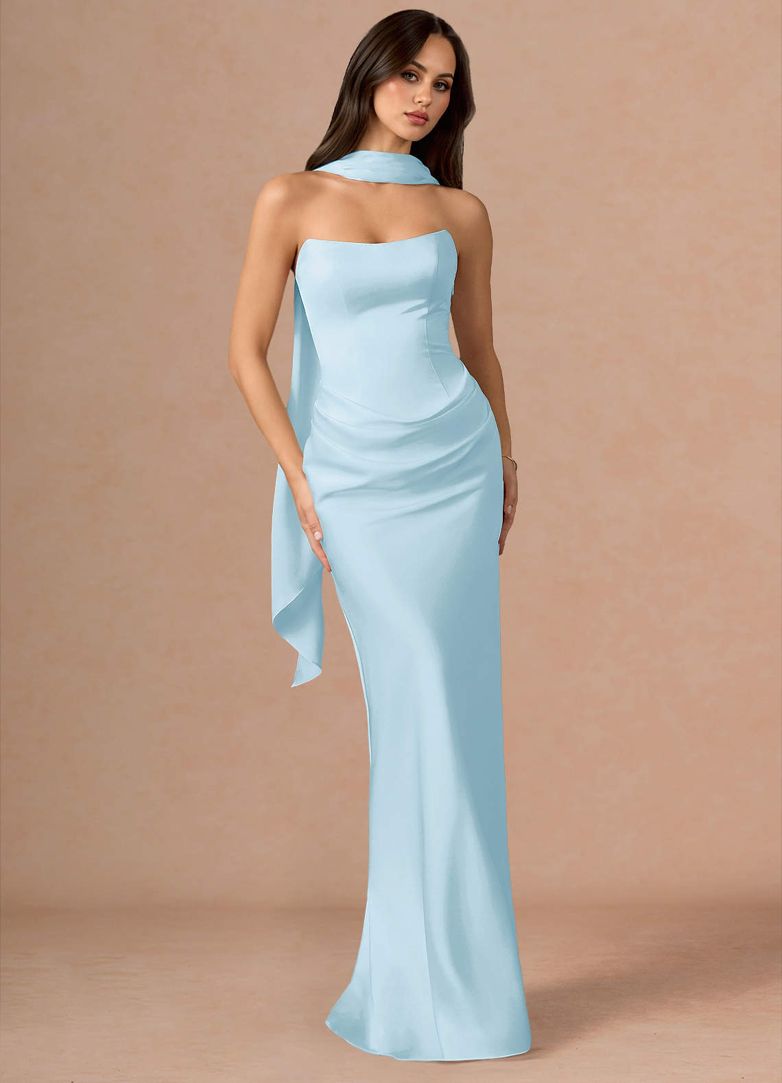Valencia Scarf Lace-Up Stretch Satin Evening Dress in Dusty Blue