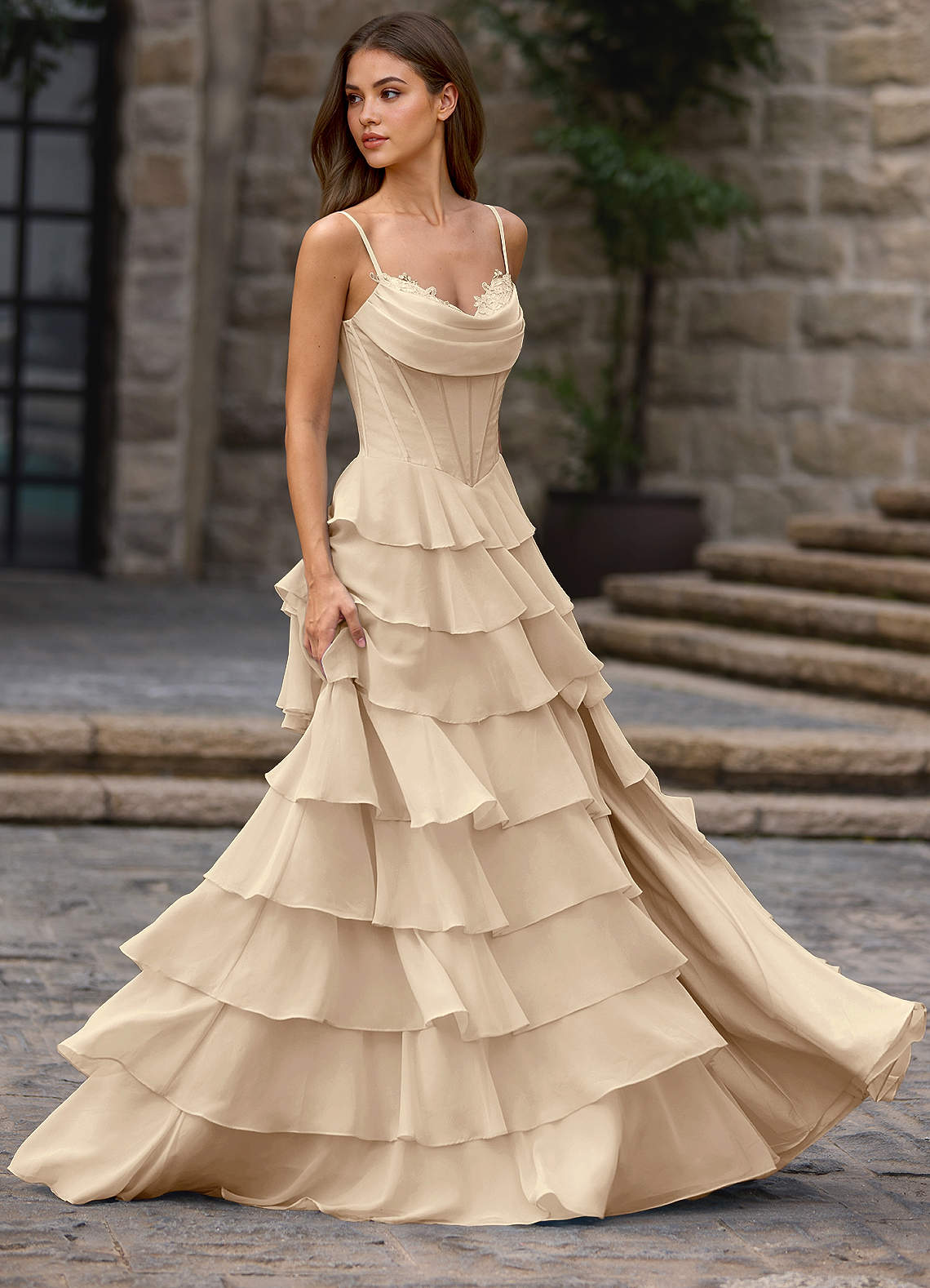 Floralace A-Line Ruffle Chiffon Evening Dress in Champagne