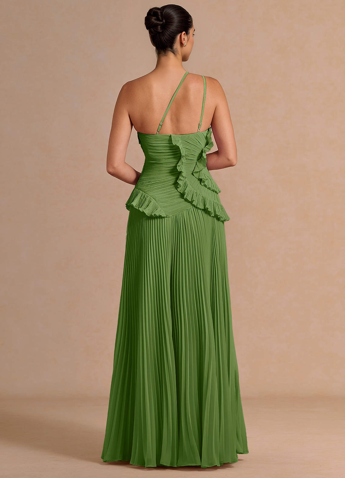 Melody A-Line One-Shoulder Chiffon Evening Dress in Herb Green