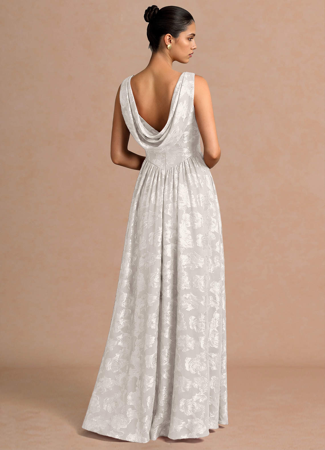 Novi A-Line Draped-Neck Floral Fil Coupé Evening Dress in White
