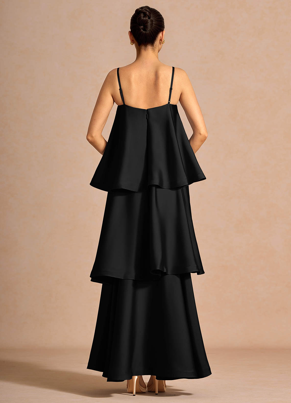 Itasca A-Line Tiered Stretch Satin Wedding Guest Dress in black